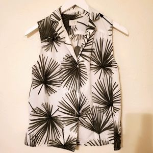 Palm print sleeveless button up blouse top